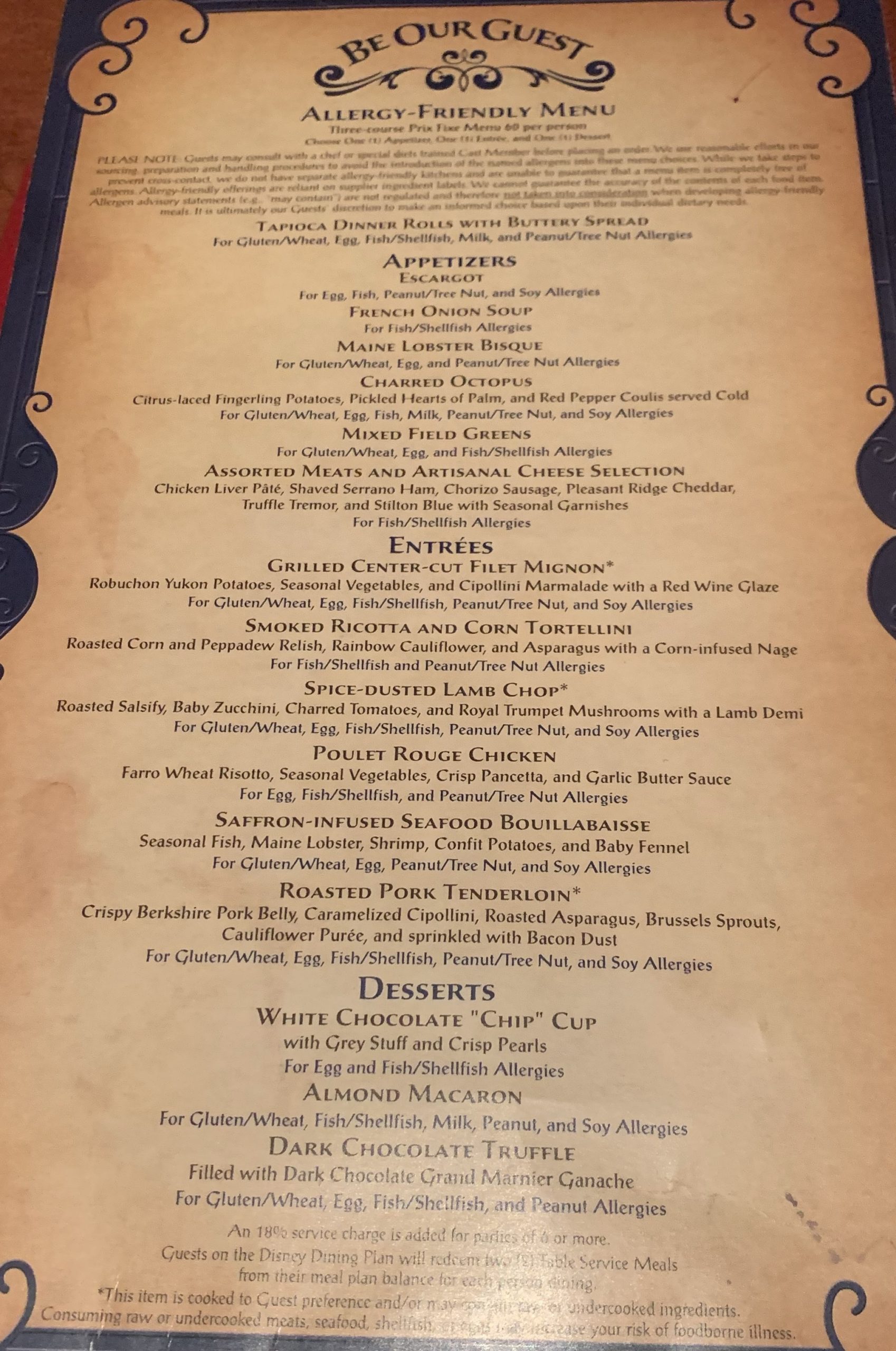 Be Our Guest Dinner Allergy Menu – Twirling Down Main Street